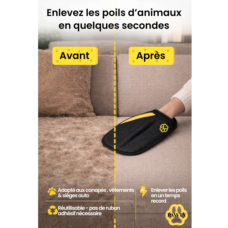 Gant Anti-Poils PAWLY - brosse magique réutilisable jaune et noir pour chien et chat